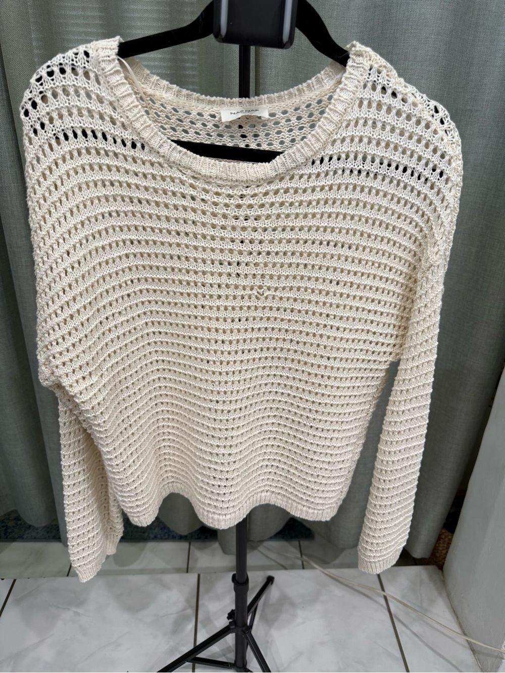 NAF NAF Open-Knit Scoop Neck Sweater in Cream